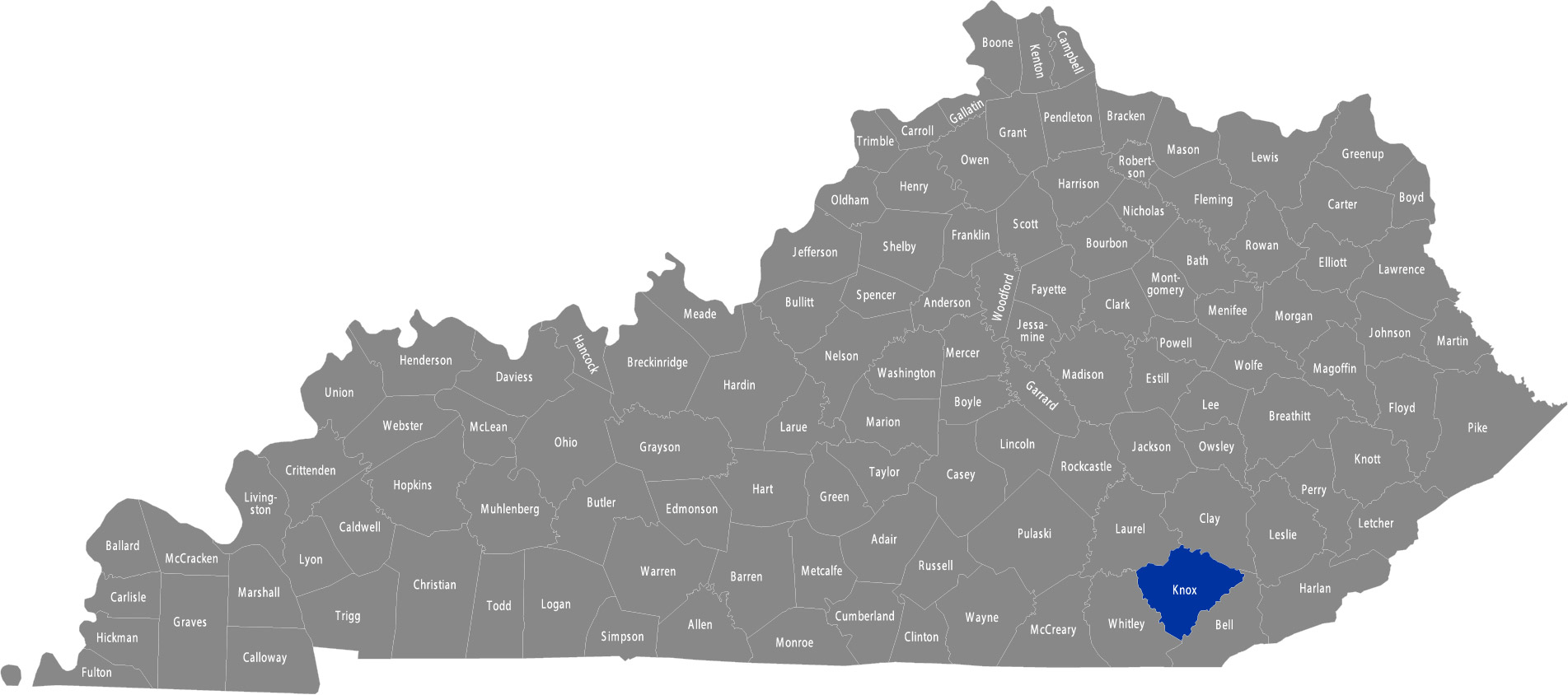 State of Kentucky map with Knox County highlighted 